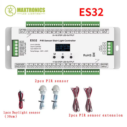 32CH ES32 PIR Sensor Stair Light Controller PIR Human Body Infrared Sensor Switch Output Connected to Low Voltage LED Light Belt