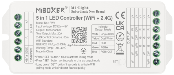 MiBoxer 5 in 1 LED Controller (WiFi+2.4G) 
Output Max 20A PW5