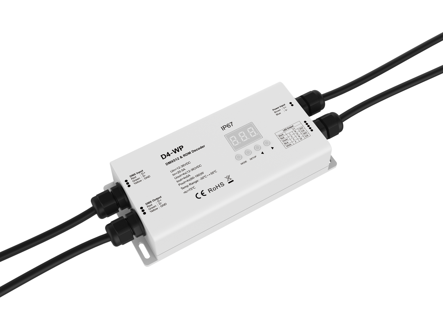 Waterproof NovaBright D4-WP  4 Channel 20A Flicker Free DMX LED Decoder for 12-36V DC LED Lights  2000HZ PWM