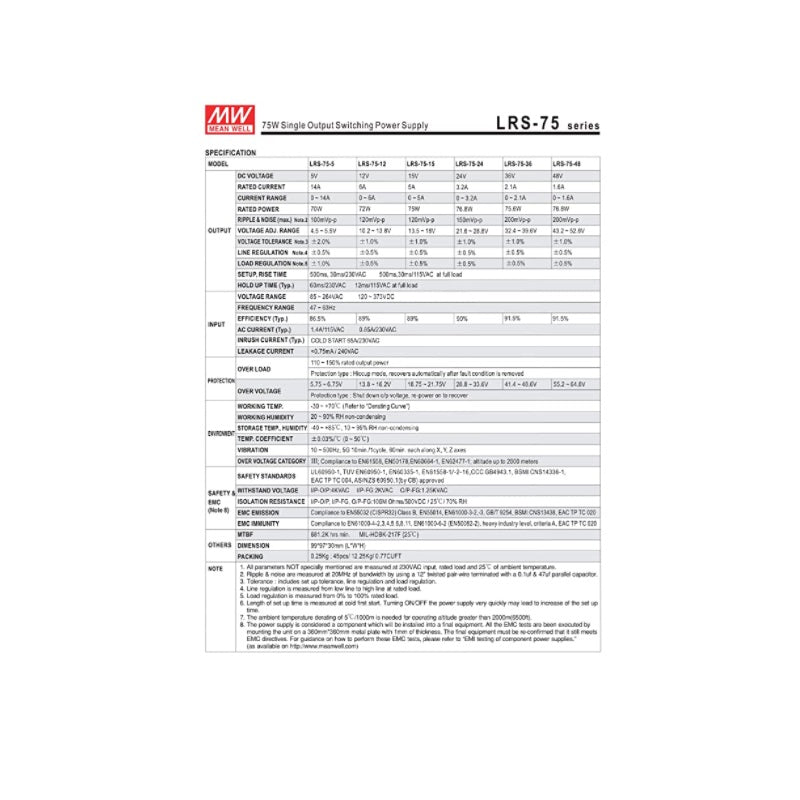 [Enclosed Type/LRS-75 Series/Industrial Application] MEAN WELL LRS-75-5 (70W 5V 14A) Single Output Switching Power Supply