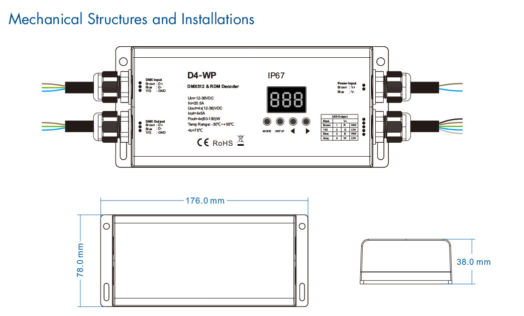 Waterproof NovaBright D4-WP  4 Channel 20A Flicker Free DMX LED Decoder for 12-36V DC LED Lights  2000HZ PWM